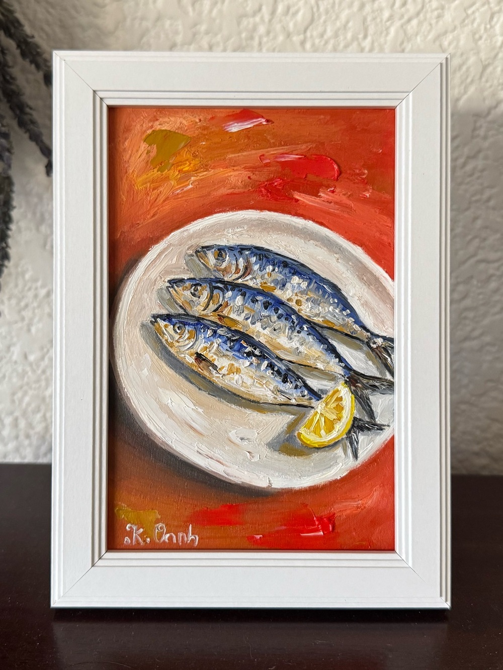 Hand painted oil painting still life fish signed framed 4x6 inches